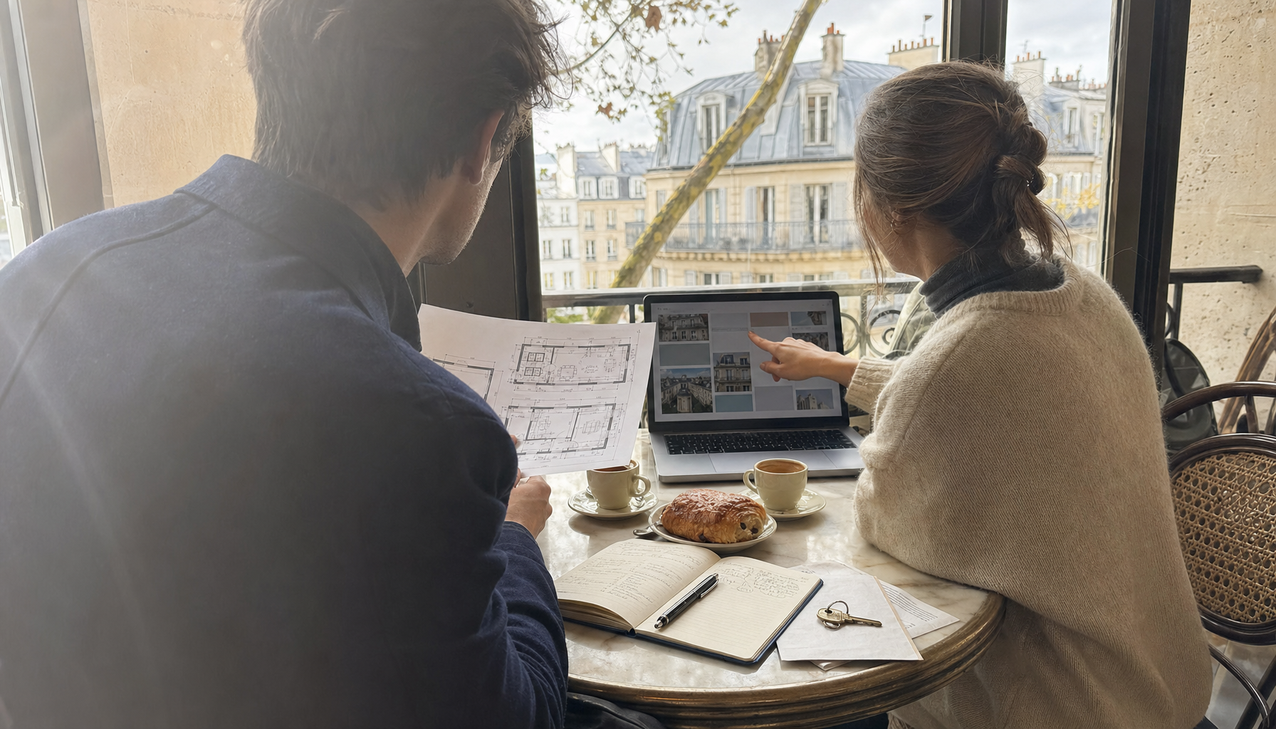 Deux professionnels examinent ensemble un dossier immobilier confidentiel sur un laptop dans un bistro parisien