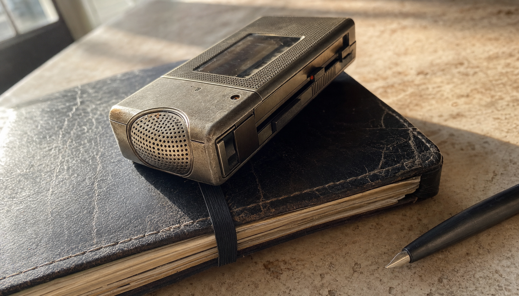 Dictaphone vintage en métal patiné posé sur un dossier juridique en cuir vieilli, lumière rasante du matin