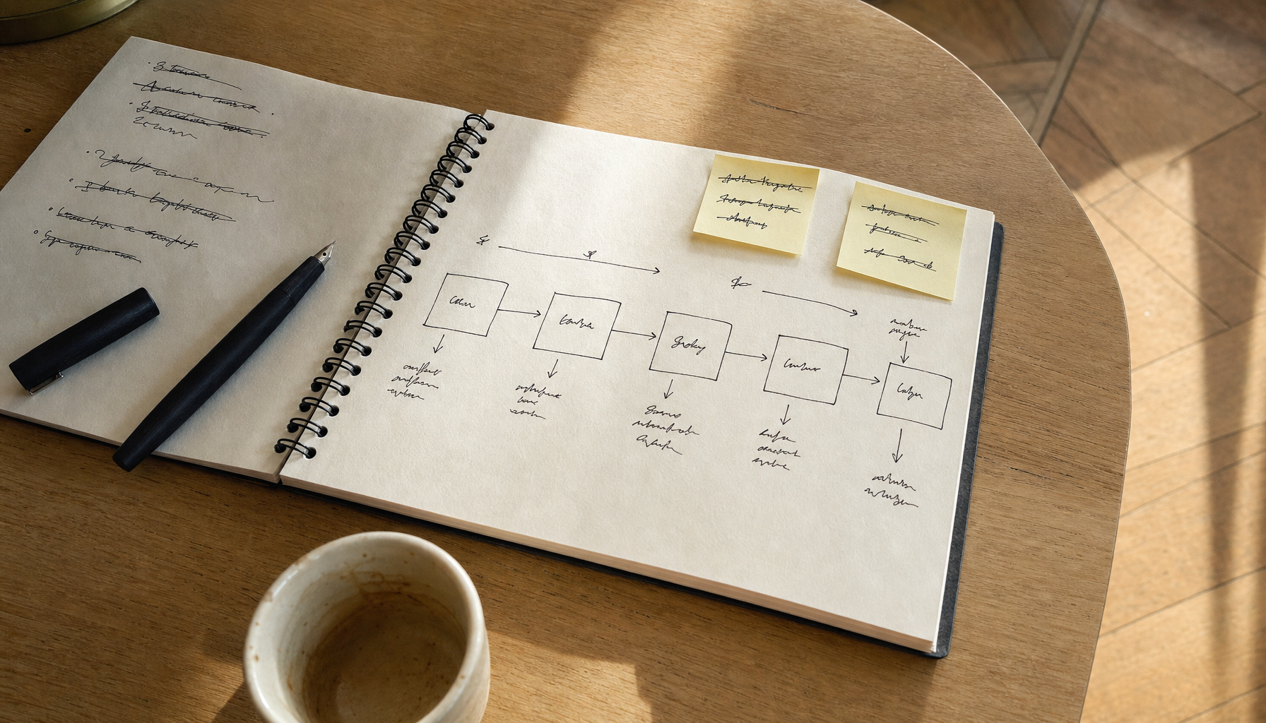 Carnet ouvert sur table en bois avec un diagramme de pipeline de réconciliation de paiement dessiné à l'encre