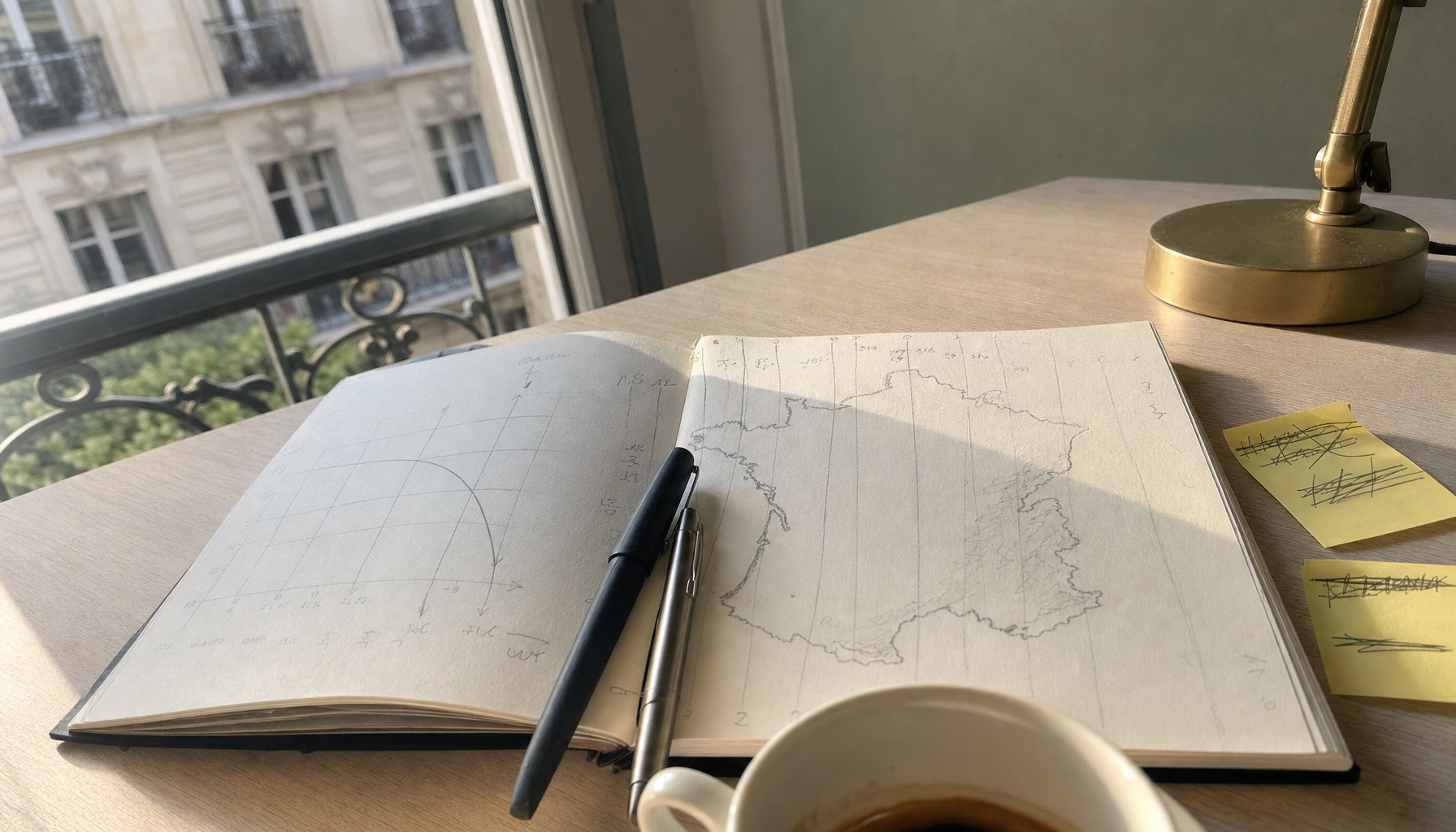 Carnet ouvert avec croquis manuscrit de zones UTM sur un contour de la France, plume et post-its annotés sur un bureau en chêne clair.