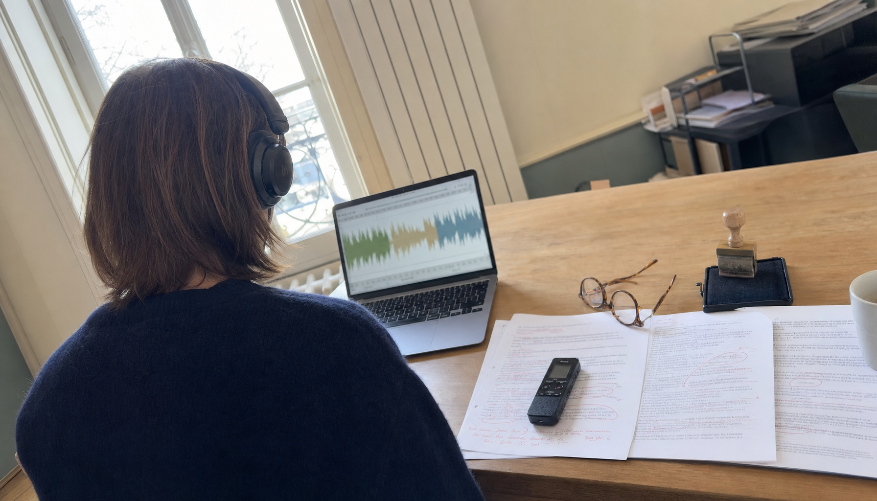 Rédacteur au casque relisant un procès-verbal annoté au stylo rouge, forme d'onde audio affichée sur l'écran du portable