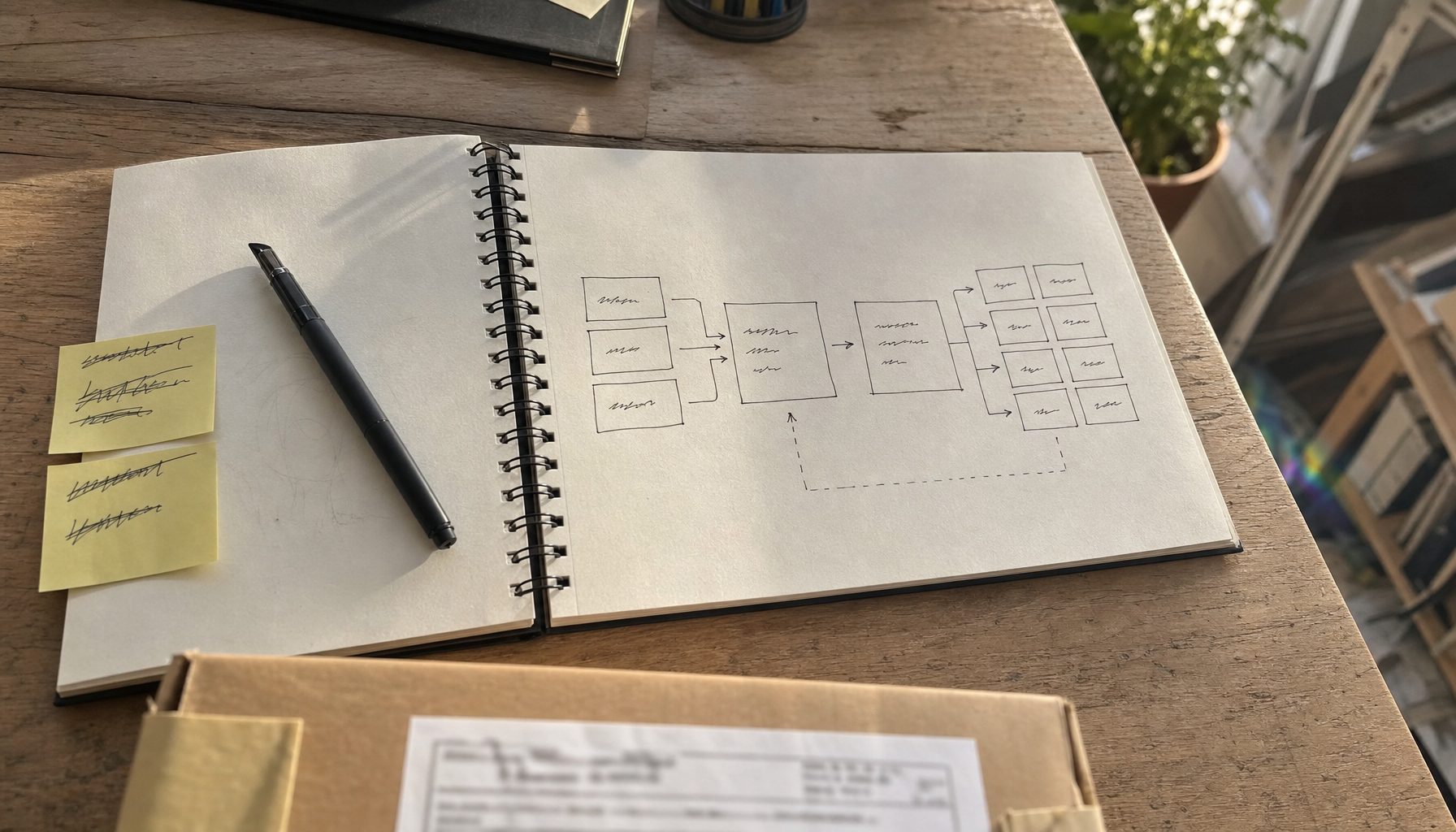 Carnet ouvert sur un schéma de pipeline de migration dessiné à l'encre, stylo plume posé en travers, petit colis kraft au bord du cadre