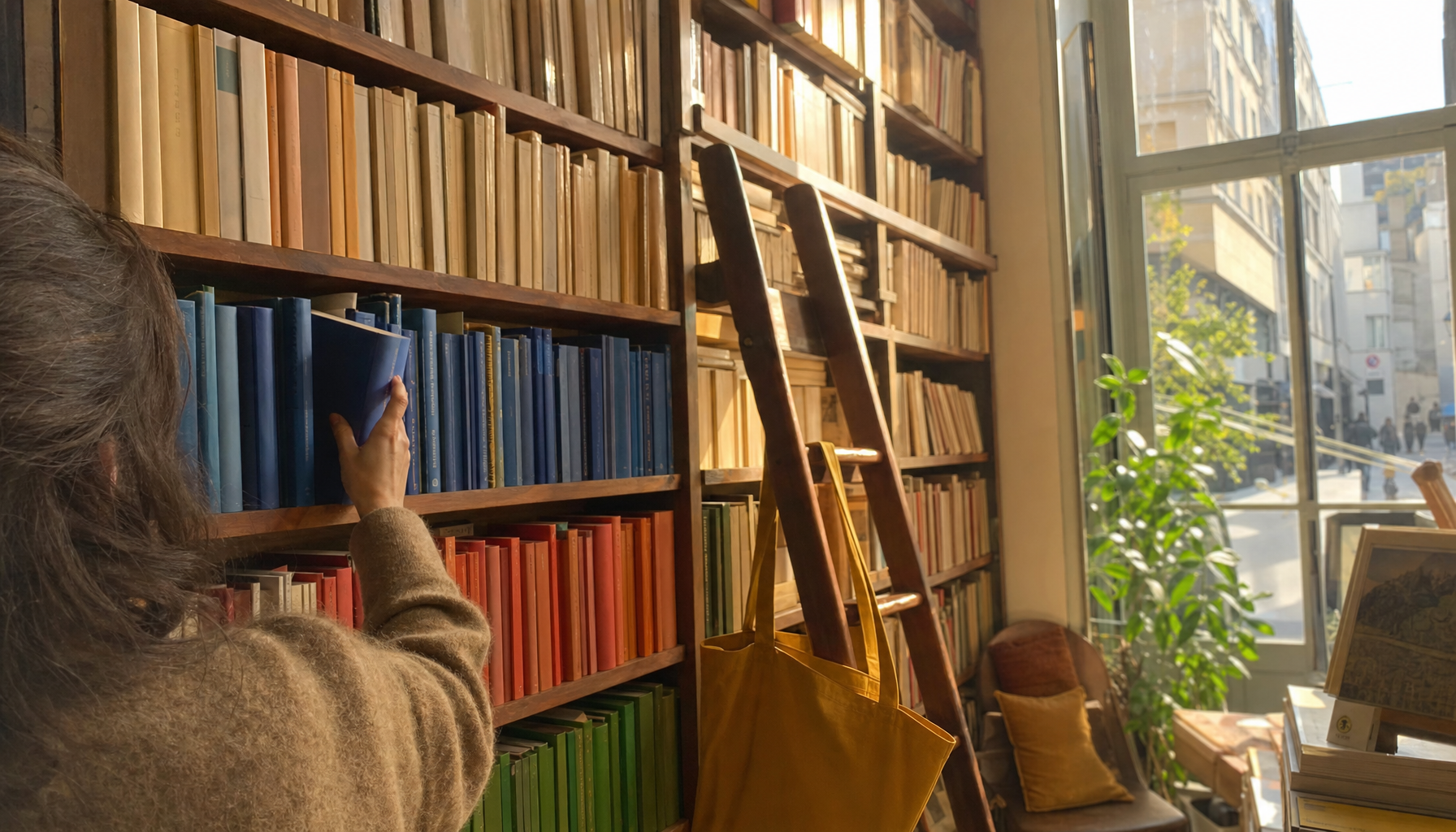 Main choisissant un livre bleu roi parmi des rangées de tranches colorées dans une librairie ensoleillée