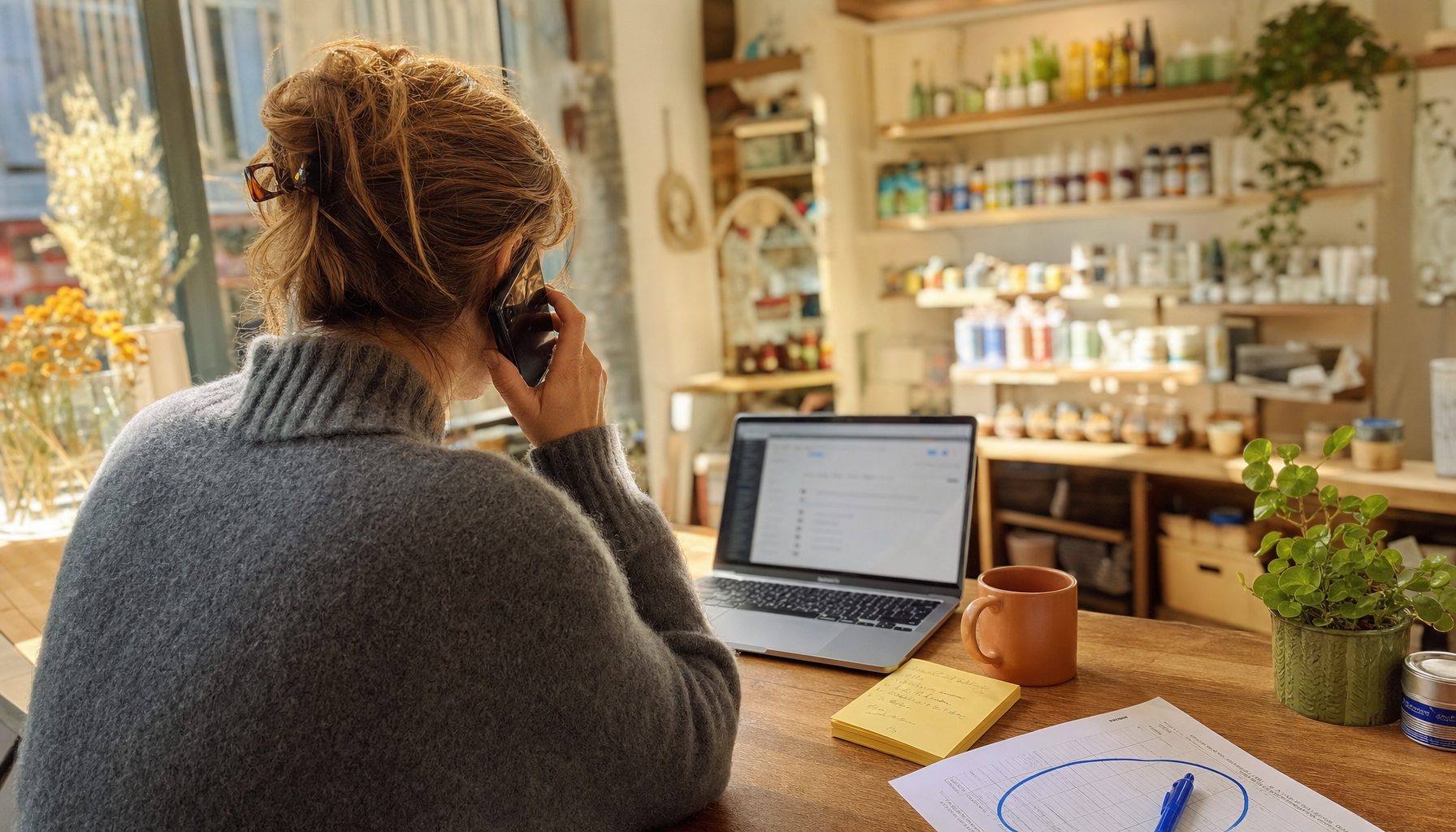 Une commerçante au téléphone devant l’ordinateur de sa boutique, une note de contrôle à la main