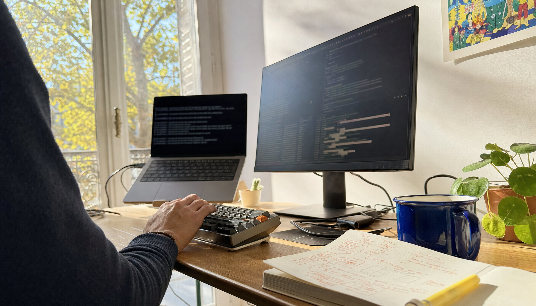 Écran d’ordinateur affichant un terminal sur un bureau ensoleillé, carnet de notes et tasse bleue